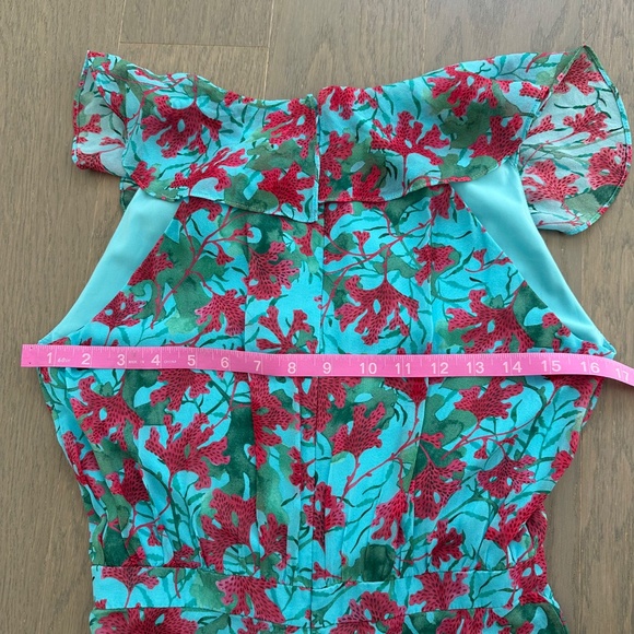 SALONI Rita Silk Maxi Dress Teal Blue Aquarium Floral Ruffle Sleeveless - US 2 - Picture 10 of 12